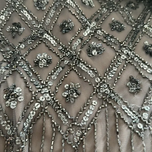 ADRIANNA PAPELL MERCURY NUDE BEADED ALLOVER SHORT SLEEVE BLOUSON COCKTAIL DRESS - Picture 4 of 6